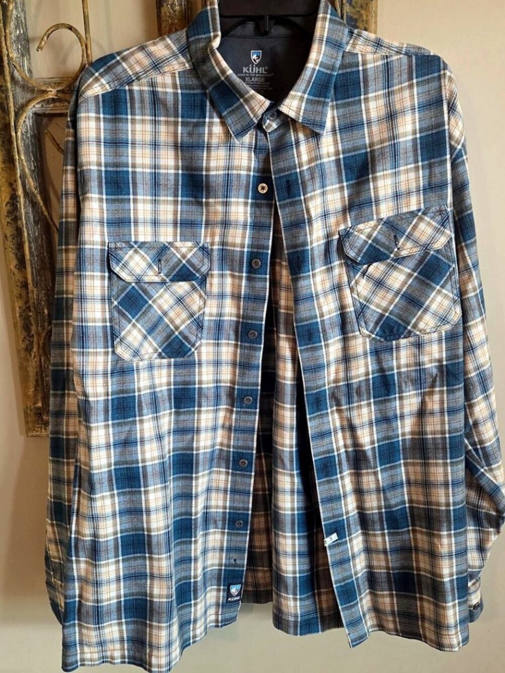 KUHL Born in the Mountains Men's Plaid Flannel Shirt Blue Beige Snap Pockets XL